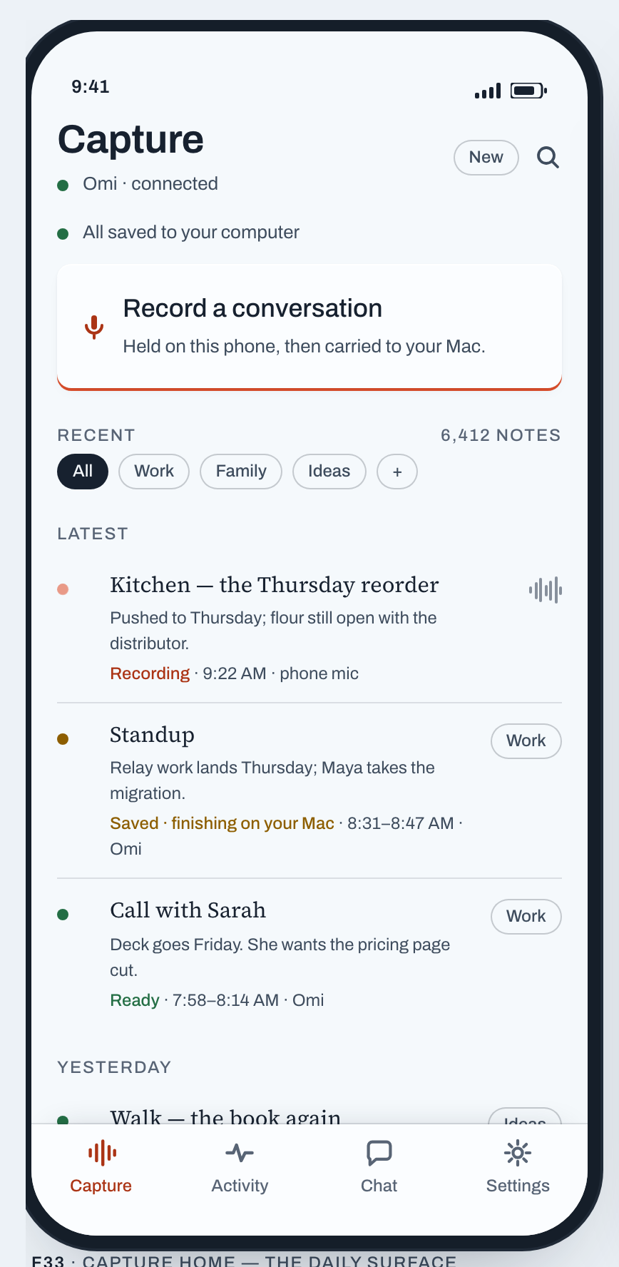 Solleva phone Capture screen: the recorder connected and everything saved to your computer, a Record a conversation card, 6,412 notes in the library, and today's three captures — the Thursday reorder recording, a standup finishing on your Mac, and a call with Sarah marked ready.