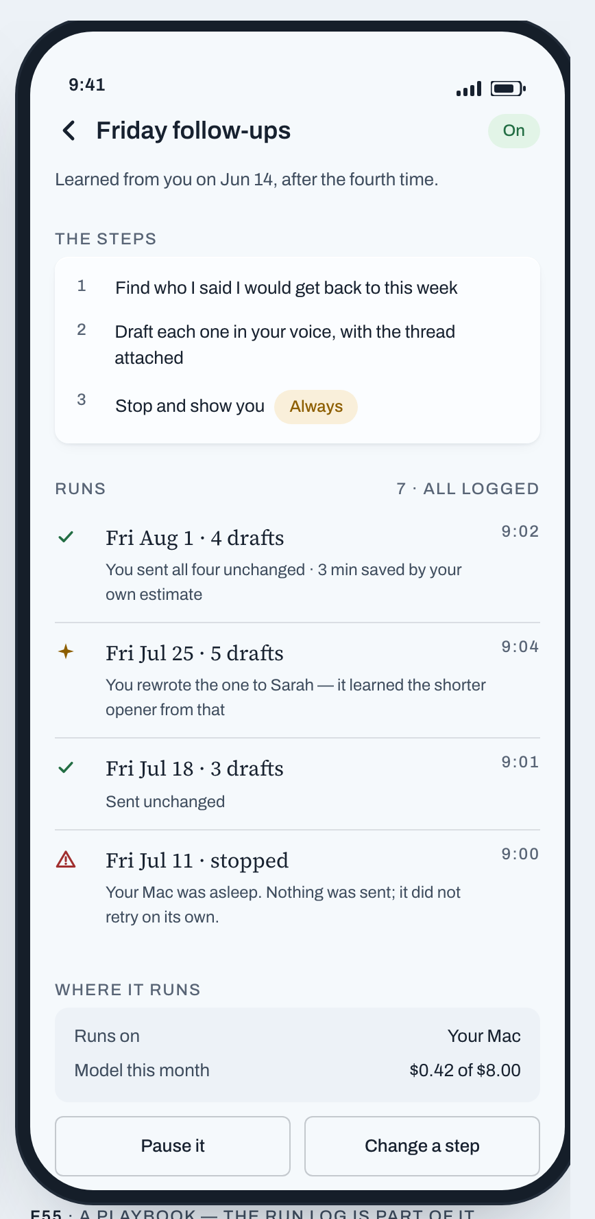 Solleva phone playbook: Friday follow-ups, written from you on Jun 14 after the fourth time, three steps with the third marked Always stop, seven logged runs including one that stopped because the Mac was asleep, and the month's model spend against its ceiling.