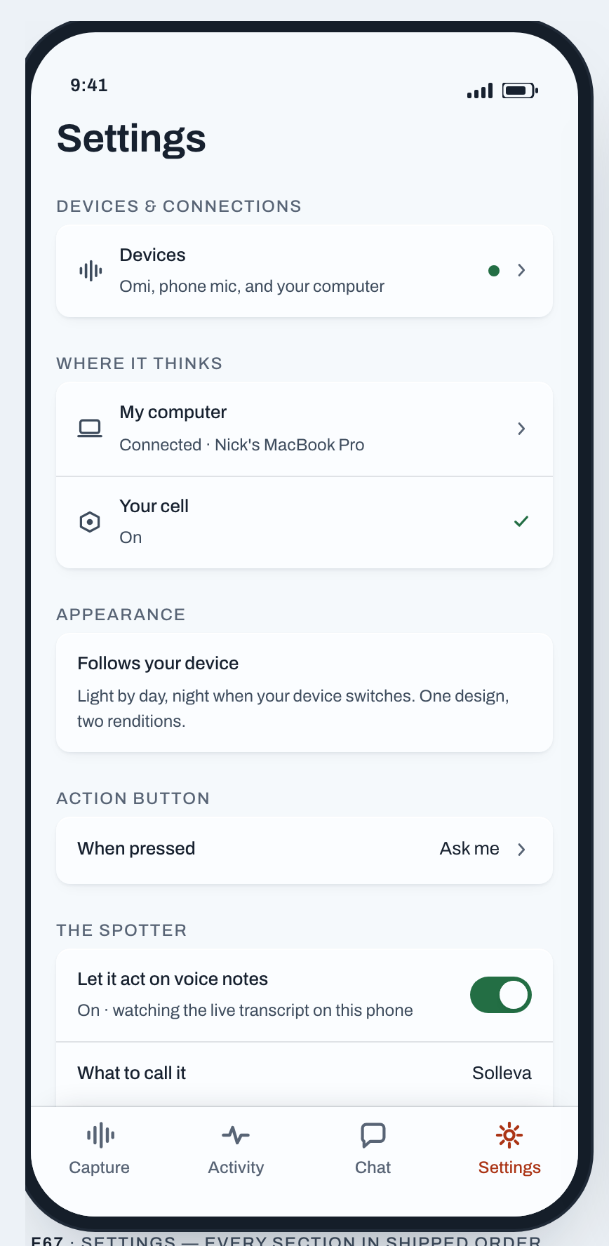 Solleva phone Settings: devices and connections, a Where it thinks section naming your computer and your cell, appearance following the device, the Action Button, and the Spotter section with a switch for letting it act on voice notes and a control for what to call it.